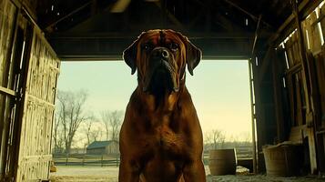 Majestic Mastiff Stands Guard in Rustic Barn at Dawn. photo