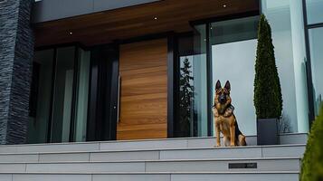 Loyal German Shepherd Guards Modern Home Entrance with Tree. photo