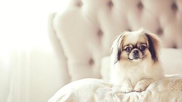 Adorable fluffy dog with big innocent eyes resting on a soft bed. photo