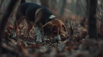 Beagle dog exploring forest floor with fallen autumn leaves. photo