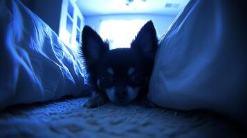 Adorable chihuahua peeking out from under cozy blankets in a dimly lit room. photo