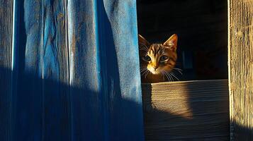 Curious Cat Peeking From Window in Warm Golden Sunlight. photo