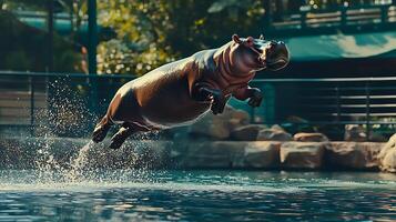 Hippo makes a powerful leap out of the water in a dramatic splash. photo