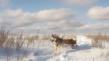Husky pulls a sleigh through snowy landscape under cloudy sky. photo