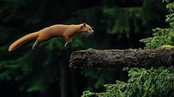 A Small Animal Leaps Across a Mossy Branch in the Forest. photo