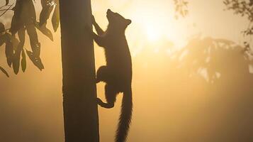 Silhouetted Squirrel Climbs Tree in Golden Sunrise Light. photo
