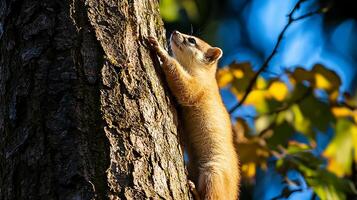 Adorable weasel climbs a mossy tree trunk bathed in sunlight. photo