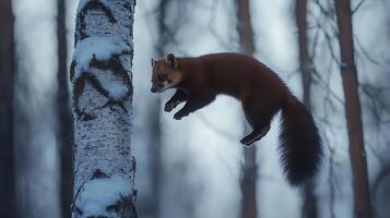 Agile Sable Leaping Through a Snowy Winter Forest Scene. photo