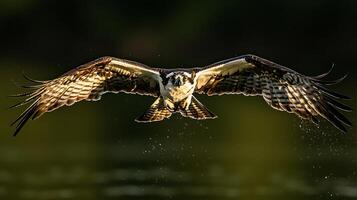 Majestic Osprey Soars Through Water Spray with Powerful Wings photo