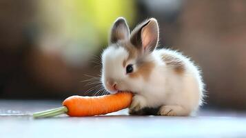 Adorable Baby Rabbit Munching on a Fresh Carrot. photo