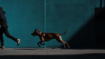 Energetic Dog and Person Running Together Against a Teal Wall. photo