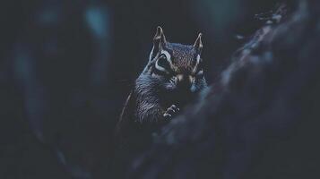 Close up of a cute chipmunk peeking from the dark woods. photo