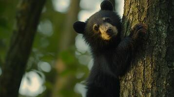 Adorable Bear Cub Clinging to a Tree Trunk in Soft Forest Light. photo