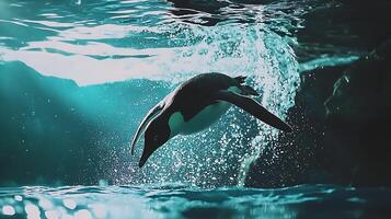 Penguin dives into turquoise water creating a splash of bubbles. photo