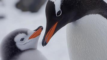 Gentle Penguin Parent Nurtures Its Fluffy Chick in the Snow. photo