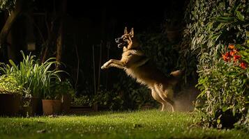 Energetic Dog Leaps Through a Lush Green Garden at Dusk. photo