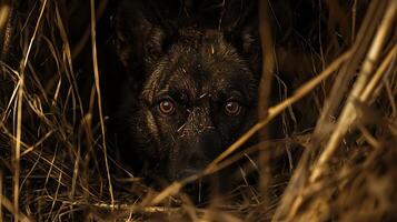 Intense Gaze From A Dog Hidden Amongst Dry Reeds. photo