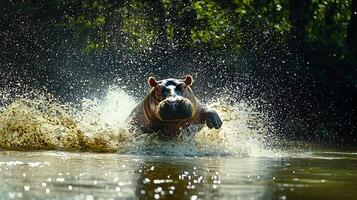 Hippo charges through water creating a massive splash and spray. photo