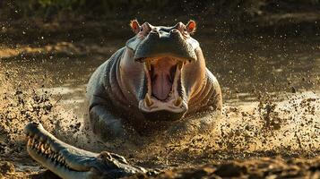 Wild Encounter Aggressive Hippo and Crocodile in Muddy Waters. photo