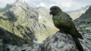 Majestic Parrot Perched on Rocky Mountain Summit Overlooking Vast Landscape. photo