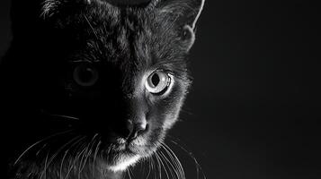 Mysterious Black Cat Face Emerging from Shadows, Striking Detail. photo