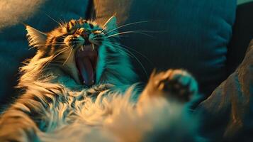 Dramatic Close Up of a Fluffy Cat Yawning Wide Open Under Moody Lighting. photo