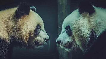 Two Gentle Pandas Meet in a Mysterious Forest Setting. photo