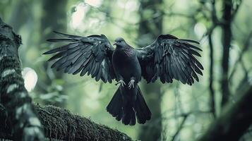 Majestic pigeon with wings spread in lush forest setting. photo