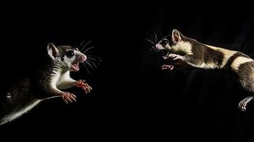 Two sugar gliders facing off with open mouths and sharp claws. photo