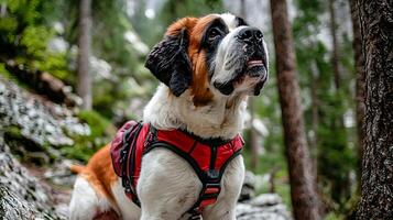 Majestic Saint Bernard Dog Ready for Adventure in the Forest. photo