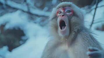 Japanese Snow Monkey Yelling or Surprised in a Winter Wonderland. photo
