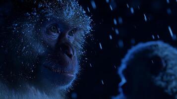 Close up of a monkey with snow falling around it in dark blue light. photo