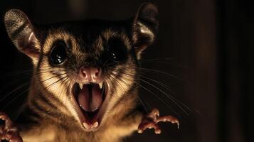Close up portrait of a possum yawning revealing sharp teeth and tiny paws. photo