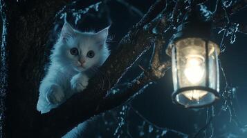 Curious white kitten peeks out from a tree at night near a lantern. photo