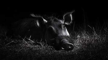Tranquil Pig Resting in a Dark, Grassy Field. photo