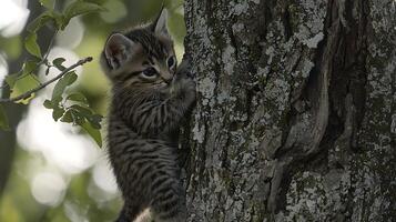 Adorable Kitten Climbs Up a Mossy Tree Trunk in Nature. photo