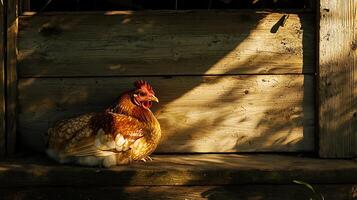 A Golden Chicken Rests in Warm Sunlight by a Weathered Wooden Fence. photo