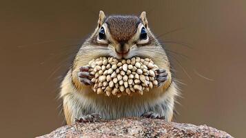Adorable chipmunk holding a large pile of seeds with its tiny paws. photo