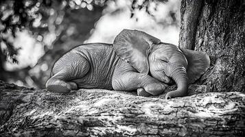 Baby Elephant Sleeping Peacefully on a Textured Log in Black and White. photo