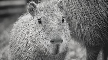 Close up of a wet capybara face in grayscale with fur detail. photo