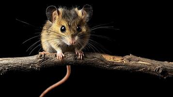 Tiny Mouse Peeking Out From Branch on Black Background photo