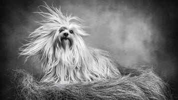 Fluffy white dog with wild, windblown hair in a textured environment. photo