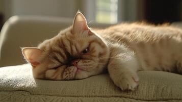Cozy Cat Basking in Warm Sunlight on a Soft Couch. photo