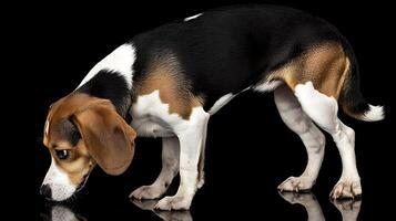 Curious Beagle puppy sniffing the ground with a black background. photo
