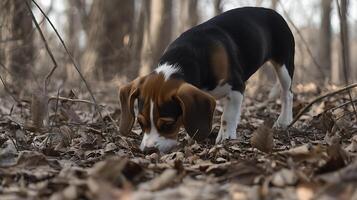 Curious Beagle Puppy Sniffing in Autumn Leaves. photo