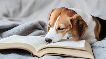 A Beagle Puppy Sniffs a Book, Embracing a Love for Learning. photo
