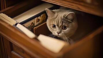 Curious Kitten Peeking from Behind Stacked Old Books. photo