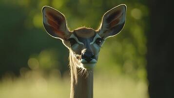 Majestic Antelope Portrait with Large Ears Illuminated by Gentle Sunlight. photo