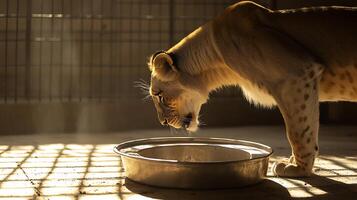 Lioness Drinks Water in Warm Sunlight with Soft Light Rays. photo
