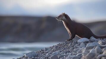 Curious Weasel Explores Rocky Shoreline Under Soft Sky. photo